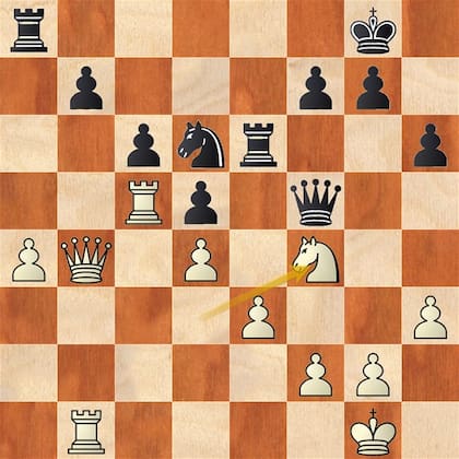 En el diagrama mostramos el final de la séptima en que Faustino Oro, con negras, batió a Prasid Lad.
Lad,Mandar Pradip - Oro,Faustino. Como se ve en la posición, Faustino tiene la torre de e6 atacada por el caballo blanco, pero encontró un zarpazo de contraataque: 33…Txa4 34.Db3 Tf6 35.g4 De4 36.Ch5 Tf3 37.Dxa4 Dxb1+ 38.Rg2 Txh3! Tremendo sacrificio. 39.Rxh3 Dh1+ 40.Rg3 Ce4+ 41.Rf4 Dh2+ (0–1) Hay mate en una o en dos jugadas según sea la respuesta de las blancas. Encuéntrelo el lector.