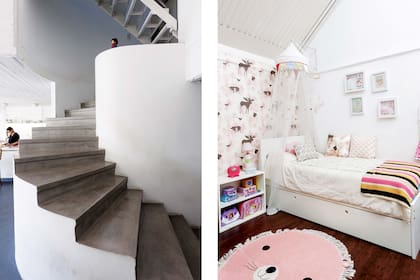 En el dormitorio de las hijas, empapelado con motivo de animales (Picnic) y alfombra tejida a crochet con cara de oso (Sueños de Lana).