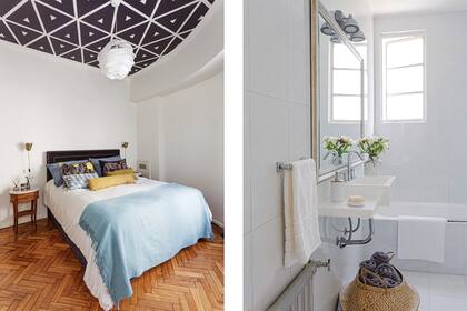En el dormitorio Apliques de pared (Paul French Gallery). Mesas de luz heredadas. Almohadones (Tinta Chini), Acolchado (Bag It). Manta celeste (Quiero Norte). Lámpara colgante de polipropileno. En el baño, bien conservado, alcanzó con cambiar bacha, mesada (Barugel) y grifería (FV).