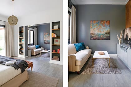 En el estar íntimo, mueble de TV (Melazza), bandeja de madera y jarrón espejado (ambos de Rapsodia).