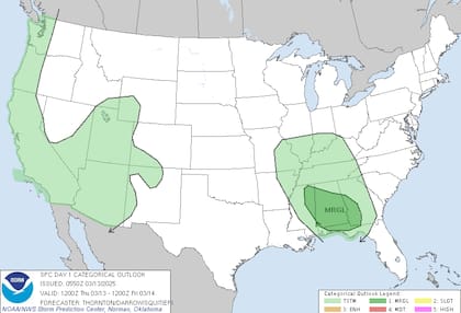 En el este de Misisipi, Alabama, Georgia occidental y el panhandle de Florida se esperan vientos intensos con ráfagas superiores a 100 km/h, granizo de tamaño considerable y posibilidad de tornados aislados