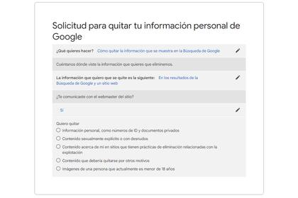 En el formulario de Google para eliminar datos personales de los resultados tenemos que especificar qué clase de información queremos que no figure en las respuestas a una búsqueda