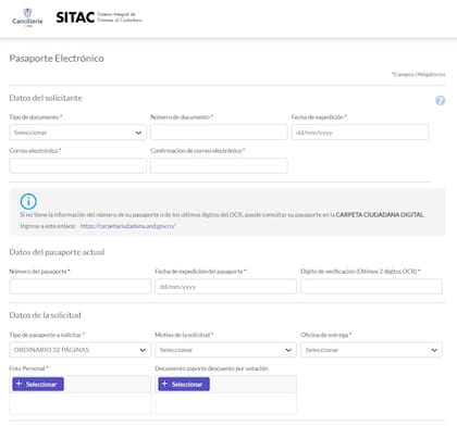 En el formulario se piden los datos de la cédula de ciudadanía, la información del pasaporte que se reemplazará y el consulado donde se recogerá el documento (Ministerio de Relaciones Exteriores de Colombia)