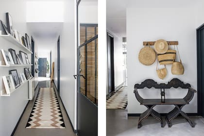 En el hall de entrada, sillón y perchero antiguos (Mercado de Pulgas de Dorrego). A continuación, el pasillo con estantes de madera (Ikea) y alfombra de lana (Elementos Argentinos).