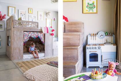 En el cuarto de Nieves, cama en petiribí (Mesopotamia), alfombra de yute y lúrex, y pufs de macramé. A la cocinita inglesa la compraron en un sitio de venta online.