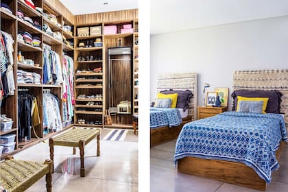 En la habitación de sus hijos gemelos, camas y mesas de luz de madera (Carpintería López) y respaldos con handiras de Marruecos.