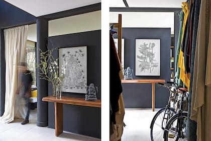 En el hall, la consola de diseño orgánico realizada a partir de un tronco de lapacho, el arreglo con sauce eléctrico y ciruelo, los cuadros firmados por Mariana y la escultura configuran un rincón de inspiración zen.