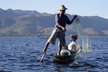 En el lago Inle, los pescadores birmanos exhiben una particular técnica, haciendo equilibrio sobre una pierna