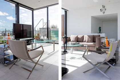 En el quincho, ajedrez de cristal traído de Miami, reloj, recuerdo de un viaje y escultura hecha por una amiga del dueño de casa. Sillones (Missura). Mesa de cristal (Steel Glass).