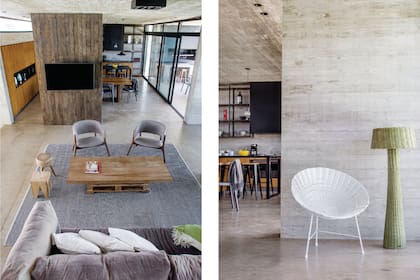 En el living banquitos ‘Macizo’ (Muc Muebles) y redondo (Falabella). Sillón redondo y lámpara de pie en mimbre sintético (ambos de La Feliz)
