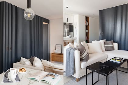 En el living, sillón con funda de tussor (Tienda Mayor). Almohadones rayados ( Navarra Home). Mantas (Zara Home). Mesas bajas (VK Home). Alfombra (Mihran). Piso ‘Matiè