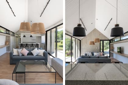 En el living, sillones (Grupo Studio), mesas de centro (Estudio Bronce), lámparas ‘París’ (Wolff Iluminación). Cocina: isla –con ancho para usarse como mesa– (Mármoles Colón); lámparas ‘Daven’ (Alto Rancho), banquetas (Cima Mobili). A la izquierda, generoso espacio de guardado (Tekton Equipamientos).