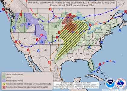 En el mapa del pronóstico del clima para este martes 21 de mayo, Florida aparece con probabilidad de lluvias y tormentas