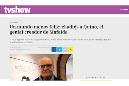 En El País de Uruguay se refirieron a "un mundo menos feliz" por el fallecimiento de Quino