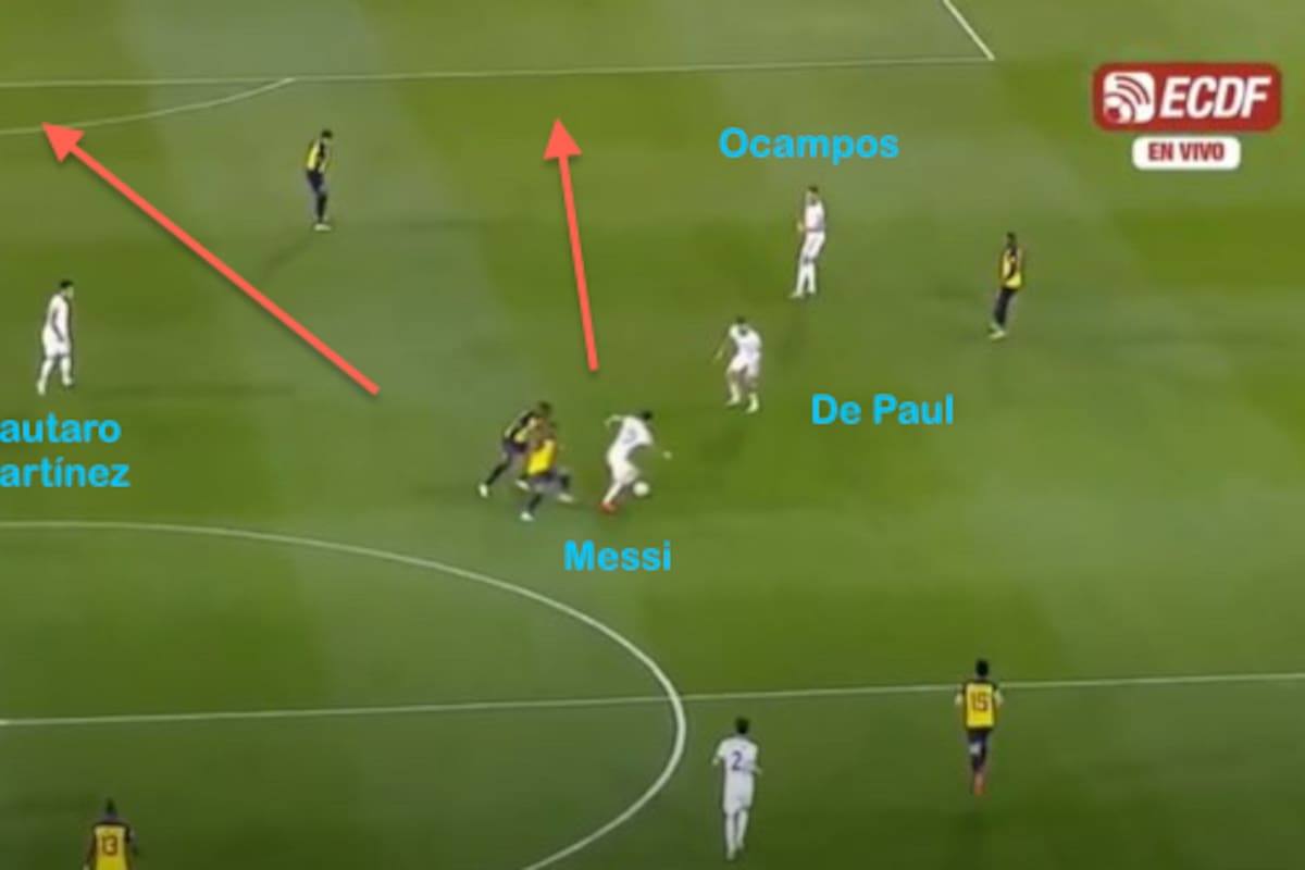 En el partido jugado por las Eliminatorias, en la Bombonera, la Argentina encontró espacios para atacar por dentro; Messi inicia el contraataque que finalizará en el penal que le cometerán a Ocampos