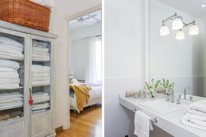 En el pasillo, mueble antiguo comprado en una feria. En el baño, mesada de Silestone ‘Blanco Zeus’ (Marmolería Gallus). Bacha (Ferrum). Grifería ‘Alerce’ (FV). Apliques en el espejo (Casa Rago).