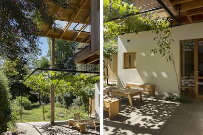 En el patio, recuperaron la vieja parra de la pérgola y plantaron algunas más, además de una kiwi, planta trepadora; además de un telón verde, favorecen la protección térmica de la casa.