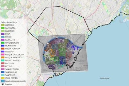 En el plano se ven los barrios que hubieran quedado dentro del Gran Canal de Circunvalación porteño