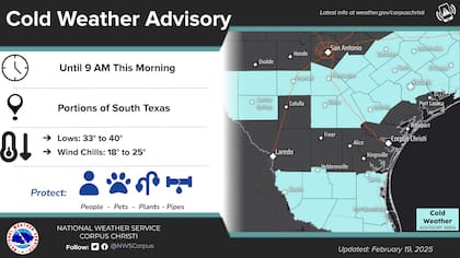 En el sur de Texas, condados como Brooks, Jim Hogg y Zapata tendrán temperaturas mínimas de hasta -7 °C durante la noche
