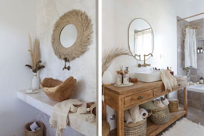 En el toilette, Bacha/cuenco de madera (Sol Palou). En el baño en suite, mueble de Los Díaz de Mario. Piso y zona húmeda revestida con cerámicos ‘Calcáreo Tostado’ (Cerro Negro).