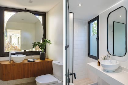 En el toilette, revestimiento de ‘Pietra Lombarda’ (SBG). Vanitory curvo enchapado en petiribí, diseñado por el arquitecto. Espejo circular (Deco Isa Espejos). Bacha (Piazza). Grifería ‘Libby’ (FV).