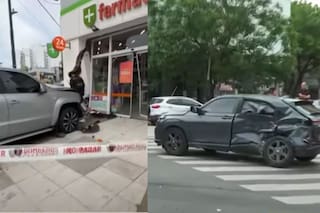Una camioneta cruzó en rojo, chocó a otro auto y se incrustó en un farmacia