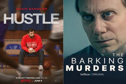 En esta combinación de fotografías el arte promocional de "Hustle" una película que se estrena el 8 de junio en Netflix, centro, y "The Barking Murders" una sere que se estrena el 7 de junio en BritBox. (Netflix/BritBox via AP)