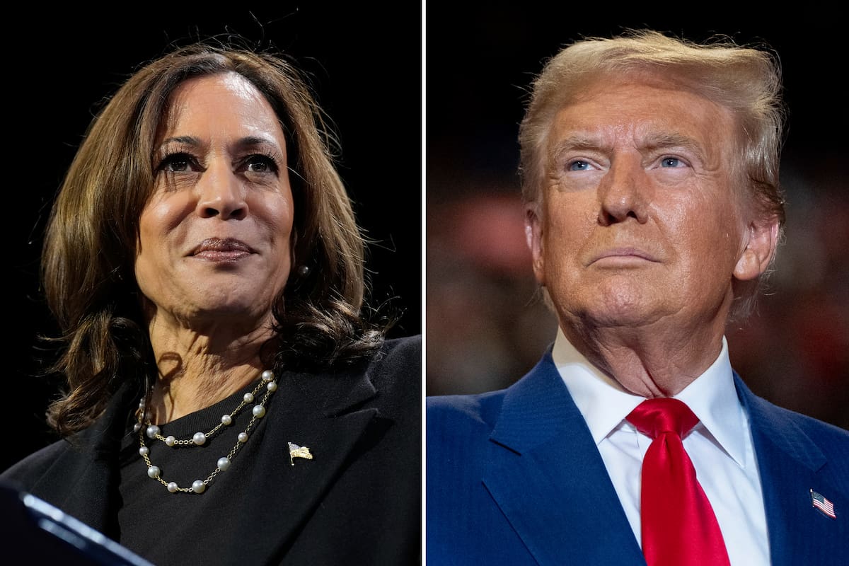 En esta combinación de fotos de archivo aparecen la candidata presidencial y vicepresidenta demócrata, Kamala Harris, izquierda, en un evento de campaña en Erie, Pensilvania, el 14 de octubre de 2024, y el candidato presidencial y expresidente republicano, Donald Trump, en un mitin de campaña en Uniondale, Nueva York, el 18 de septiembre de 2024