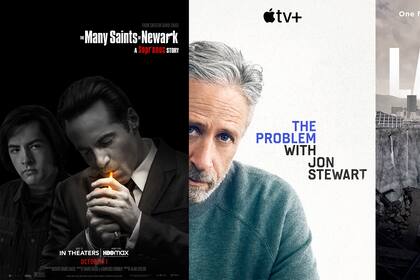En esta combinación de fotos, el arte promocional de "The Many Saints of Newark", que se estrena el 1 de octubre en HBO Max; "The Problem with Jon Stewart", que debuta el 30 de septiembre en Apple TV+, y "La Brea", que llega el 28 de septiembre a NBC. (Warner Bros./Apple TV+/NBC vía AP)