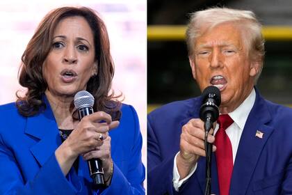 En esta combinación de fotos tomadas en Pennsylvania, la candidata presidencial demócrata y vicepresidenta Kamala Harris habla en un evento de campaña, el 18 de agosto de 2024, en Rochester, izquierda, y el candidato presidencial republicano y expresidente Donald Trump habla en un evento de campaña, el 19 de agosto de 2024, en York. (AP Foto)