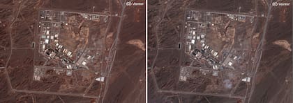 En esta combinación de imágenes satelitales proporcionadas por Vantor se muestra una vista de la instalación nuclear de Natanz antes, izquierda, y con daños, el lunes 2 de marzo de 2026 en Irán.