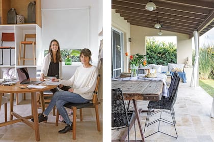 En una estantería liviana, Natali y Geraldine muestran sus sillas, priorizando que se luzca cada modelo en un lugar reducido. Der. Mesa de lapacho recuperado y sillas de mimbre esmaltadas en negro (Lacroze Studio) en la galería de 12m de largo.