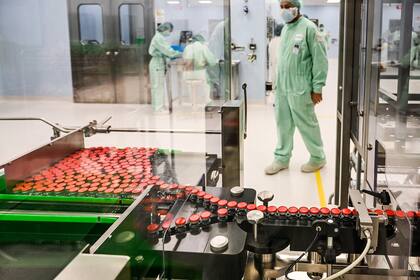 En esta foto de archivo tomada el 11 de septiembre de 2020, un técnico de laboratorio manipula viales tapados como parte de las pruebas de llenado y envasado para la producción y suministro a gran escala de la vacuna contra el coronavirus de la Universidad de Oxford y AstraZeneca