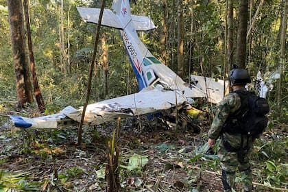 En esta foto proporcionada por la Oficina de Prensa de las Fuerzas Armadas de Colombia, un soldado permanece frente a los restos de una avioneta Cessna C206 el jueves 18 de mayo de 2023. La aeronave se estrelló en la selva de Solano, Colombia. Las autoridades buscan a cuatro niños indígenas que algunos piensan podrían haber sobrevivido el accidente en la selva amazónica el 1 de mayo. (Oficina de Prensa de las Fuerzas Armadas de Colombia, vía AP)