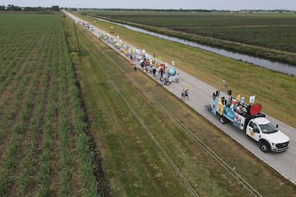 En esta foto tomada con un dron, trabajadores rurales y simpatizantes recorren una zona rural en la primera de cinco jornadas de una marcha en reclamo de mejores salarios y condiciones de trabajo, 14 de marzo de 2023 en Pahokee, Florida. (AP Foto/Rebecca Blackwell)