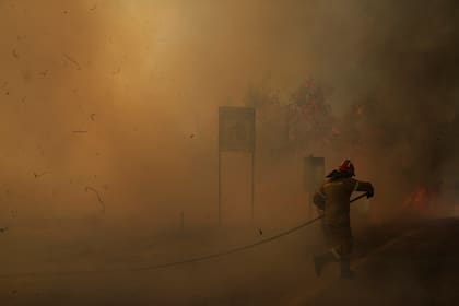 En esta imagen de archivo, un bombero trata de extinguir las llamas durante un incendio cerca de la localidad de Megara, al oeste de Atenas, Grecia, el 20 de julio de 2022. (AP Foto/Petros Giannakouris, archivo)