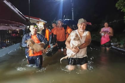 En esta imagen, distribuida por la Guardia Costera de Filipinas, residentes son evacuados junto a sus perros debido a las inundaciones causadas por el tifón Bualoi en Ormoc, en Filipinas, el 26 de septiembre de 2025