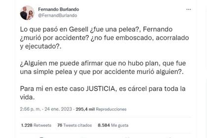 "En este caso, Justicia es cárcel para toda la vida", escribió Fernando Burlando sobre los imputados por el crimen de Fernando Báez Sosa, a horas de esgrimir su alegato en este proceso judicial que tiene en vilo al país