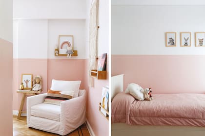 En este cuarto, se volcaron por el estilo nórdico. Pintaron la pared a media altura y colocaron cuadros y estantes que se destacan sobre el fondo blanco. Sillón individual (Estudio Losa). Cama (Muebles Más Chicos). Acolchado (Indias Deco).