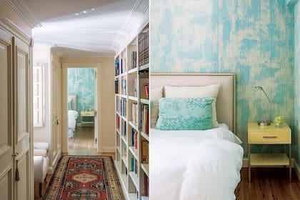 En este cuarto turquesa se utilizaron géneros pintados a mano por Ana Fuchs y se colocó una esa de luz estilo Jean Michel Frank en cuero de potro (Duveen).