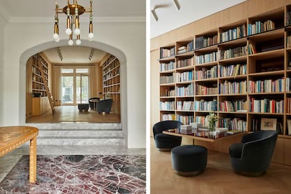 En hall, lámpara colgante 'Talisman' (Apparatus NY). En biblioteca, spots direccionados 'Palco' (iGuzzini). Sillones y asiento en terciopelo de la firma italiana Minotti (Viaduct Furniture Londres).