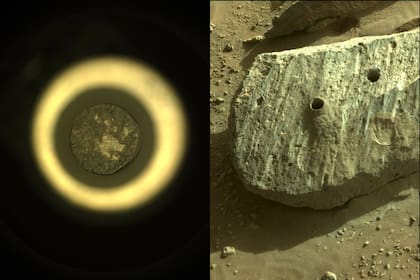 En imagen del miércoles 1 de septiembre de 2021 proporcionada por la NASA se muestra la primera muestra de roca que será enviada a la Tierra, obtenida por el explorador de Marte de la NASA, el Perseverance