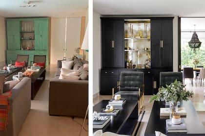 En la actualidad, a tono con el color preponderante, las mesas enchapadas en incienso se laquearon en negro. Sillones individuales con estructura de bronce, tapizados en terciopelo de Casa Almacén.