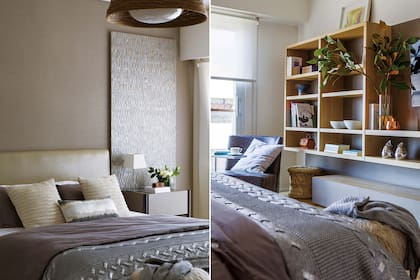 En la cama, almohadones (Claudia Adorno), manta (Zara Home). Completan el ambiente una butaca de cuero y mesa de luz (todo de Solsken).
