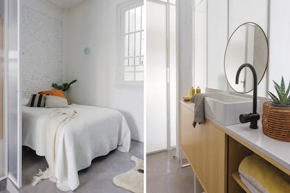 En la cama, almohadones y manta tejida a mano en lana natural (todo de Claudia Adorno). El baño tiene un mueble de guatambú con mesada de Silestone, bacha de apoyo (Deca). Canilla con acabado mate (Peirano). Espejo (Mirroring).