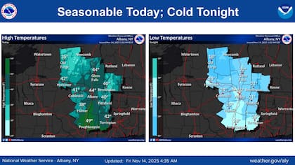 En la Capital Region y Adirondacks, el NWS de Albany señala que la circulación del noroeste generará nevadas en zonas elevadas, especialmente en áreas que superan los 2000 pies (610 metros) de altitud
