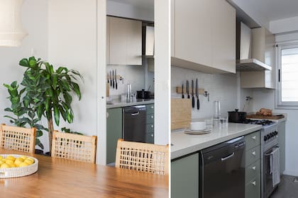 En la cocina, la alacena es de color ‘SW 6106′ y bajomesada ‘SW 6178′ (Sherwin Williams) combinados con mesada de Silestone.