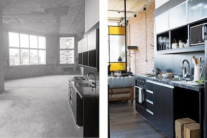 La idea fue interrumpir lo menos posible las vistas largas. En la cocina, mueble de melamina ‘Fresno negro’. Mesada de granito ‘Negro Boreal’. Anafe y horno (Smeg).