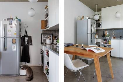 En la cocina, Natalia aprovechó el hueco destinado a una heladerita para colocar estantes y ampliar el espacio de guardado. Delantal de cocina (Romina Savastano). Pava (Emporio de Compras). Mesa de paraíso (Catridem). Silla estilo ‘Hille’ de Robin Day (Fabrisilla).