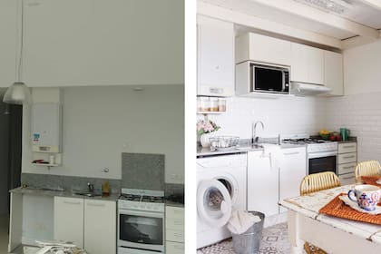 En la cocina se aprovechó el espacio del mueble para colocar un lavarropas. El piso se renovó con cerámica símil calcáreo (San Lorenzo).